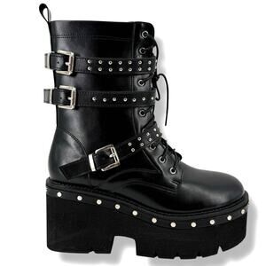 Black Platform Combat Boots Studded Buckle Lace Up Goth Punk Womens Sz 40 US 9